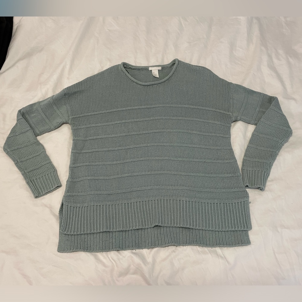 H&M Crochet Knit Stripe Teal Blue Slouchy Sweater Women’s Small